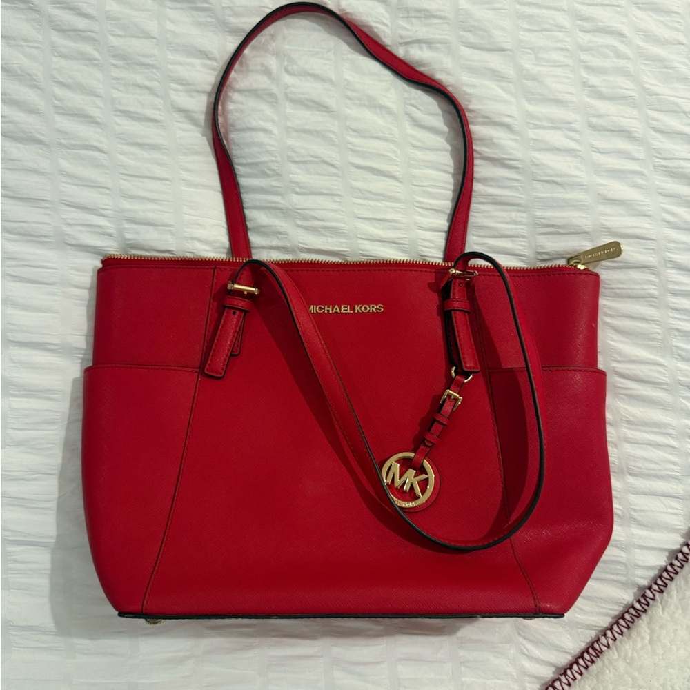 Michael Kors Red and Gold Leather Tote Bag